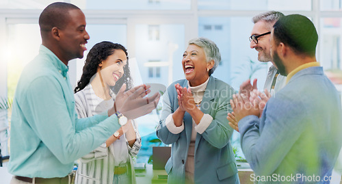 Image of Creative people, meeting and applause in celebration for winning, team achievement or unity at the office. Group of happy employees clapping in success for teamwork, promotion or startup at workplace