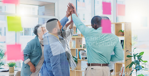 Image of Creative people, high five and applause in celebration for team building, achievement or success at office. Group of happy employees clapping for teamwork, winning or meeting in startup at workplace