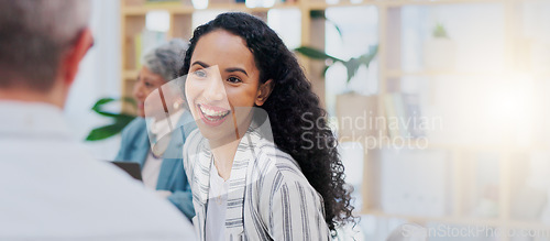 Image of Meeting, laptop and business woman in discussion for project, marketing strategy and website review. Teamwork, collaboration and men and women in office for planning, online proposal and conversation