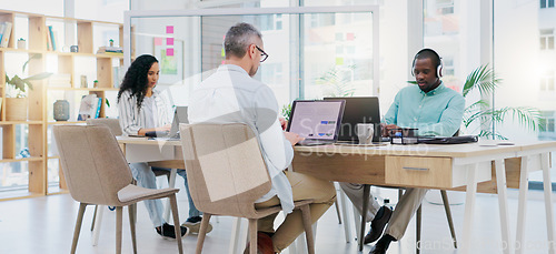 Image of Meeting, agency and business people in the morning brainstorming in a office of employees planning. Startup, strategy and professional team in collaboration as teamwork in development in company