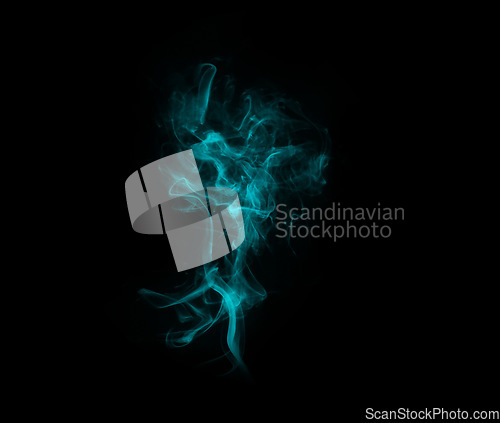 Image of Blue smoke, studio and cloud with aura fog, gas and creative art with black background and magic effect. Steam, mystical swirl and colourful mist and vapor form with air and abstract creativity