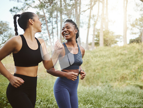 Image of Running team, fitness and women in park with cardio, athlete and support for sports and health. Exercise friends, diversity and runner club, happy with training for race outdoor and workout in nature