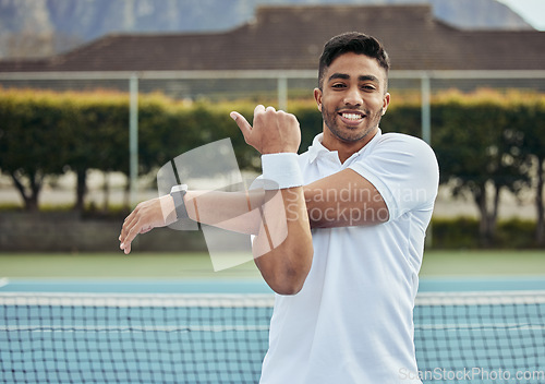 Image of Man, court and stretching before tennis game for fitness, exercise and workout outdoor in Cape Town. Portrait, person and arm training for sport competition, challenge and wellness with happiness