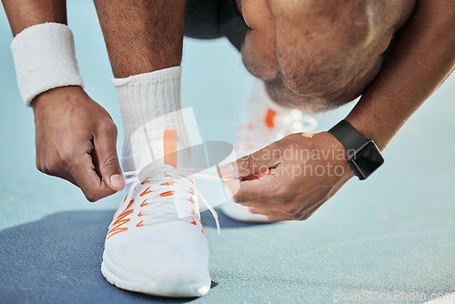 Image of Hands, shoelace and start tennis game, person on court with fitness and sports outdoor. Closeup, training and competition with sneakers, health and active professional player with performance