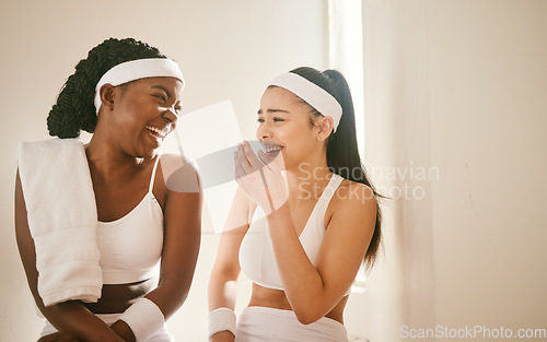 Image of Locker room, sports and women laugh for tennis training, exercise and workout for practice or match. Fitness, friends and people with funny joke, humor and comedy for conversation, bonding and fun