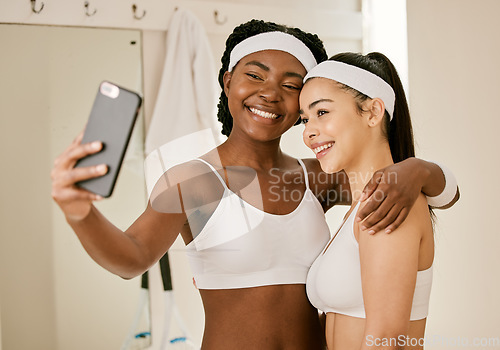 Image of Happy woman, tennis and friends in selfie, photography or memory together after match or game. Athlete or players smile and hug in picture, photograph or social media vlog for team sports and fitness