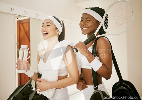 Image of Locker room, sports and women happy for tennis training, exercise and workout for practice or match. Fitness, friends and people with racket, bag and water for wellness, performance and competition