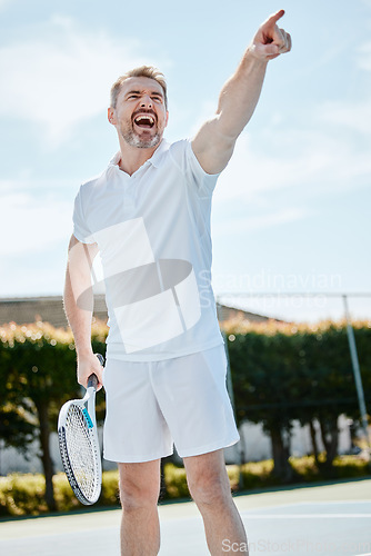 Image of Tennis, point and game with a sports man on a court, playing a match for competition in summer. Racket, ball and winner with a mature athlete outdoor for fitness, training or hobby for recreation
