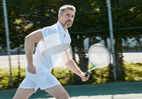 Image of Senior, fitness and portrait of man at a court for tennis, training or outdoor cardio workout. Sports, face and elderly male athlete with racket game practice, exercise and club performance challenge