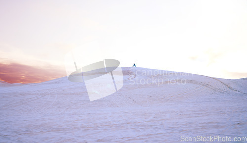 Image of Hill, sand mockup or athlete on motorcycle for action, adventure or fitness with wellness or space. Sunset, desert or sports driver on motorbike on dunes in training, exercise or race challenge