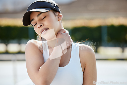 Image of Neck pain, tennis woman and injury, fitness and athlete outdoor, medical emergency and joint inflammation. Health, wellness and tension in spine on court, sport accident and hurt with fibromyalgia