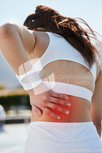 Image of Back pain, woman with injury and fitness, tennis athlete outdoor with medical emergency, red overlay and inflammation. Health, wellness and sport accident, anatomy glow with spine or muscle tension