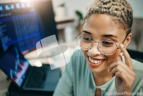 Image of Glasses, business and thinking with a happy woman in office with statistics, investment data or analytics. Stock market, online exchange and face of broker analysis, research and equity trading