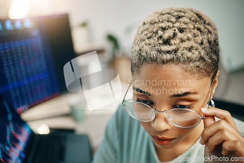 Image of Computer glasses, stock market and business woman face reading statistics, investment data, trading analytics. Admin monitor, economy metrics and broker analysis, research and review financial trade