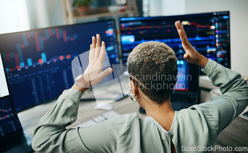 Image of Woman stress, computer screen and stock market crash, trading mistake or bankruptcy crisis, debt or fail. Back of business trader, frustrated for online statistics, data analytics or wrong investment