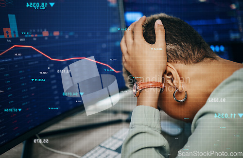 Image of Trader, stress and stock market overlay, computer screen and trading mistake, bankruptcy or finance crisis, Sad business person with headache or depression, cryptocurrency fail and red graph for risk