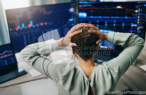 Image of Woman headache, computer screen and stock market crash, trading mistake or bankruptcy crisis, debt or fail. Back of business trader with stress for web statistics, data analytics and wrong investment