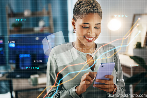 Image of Woman, phone and trading in double exposure, stock market investment and profit, sales or growth at home office. Trader or african entrepreneur on mobile app for finance, statistics and data overlay