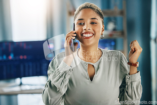 Image of Woman, winner and phone call for trading, stock market investment or news of profit, sales and data in home office. Trader or african entrepreneur yes for winning, results and announcement on mobile