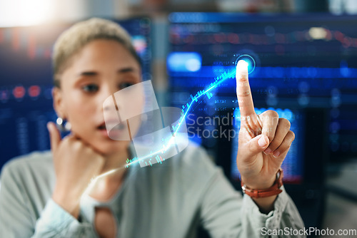 Image of Finger, future and digital transformation with a woman programmer in an office for cyberspace innovation. Software, overlay and database for cloud computing with a technology developer coding at work