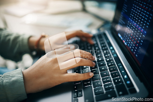 Image of Business person, hands and laptop for stock market, trading or typing in cryptocurrency at office. Closeup of broker, trader or employee working on computer in online finance or investing on desk