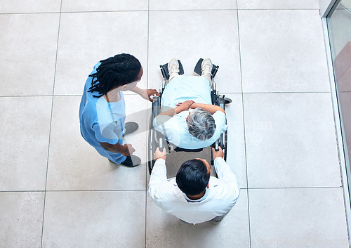 Image of Wheelchair, hospital and senior patient above with nurse, helping and support with healthcare. Doctor, clinic and surgery care of an elderly man with mobility disability ready for doctor consultation