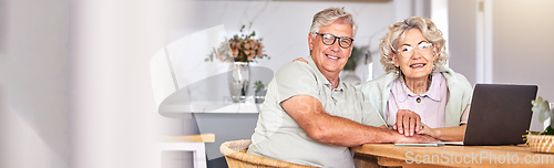 Image of Banner, portrait and a senior couple with a laptop for an email, connection or home finance. Happy, technology and an elderly man and woman with a computer for insurance, planning or internet