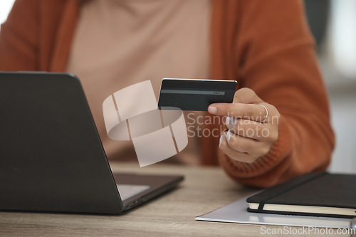 Image of Closeup, woman and laptop with credit card, payment and online shopping with fintech, banking and transaction in a lounge. Person, home and girl with pc, ecommerce and digital app with investment