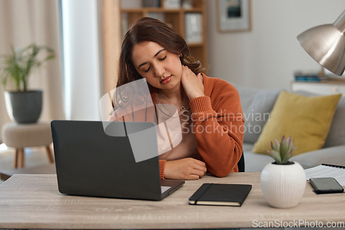 Image of Woman, neck pain and student with laptop, muscle tension or burnout with tech glitch, fatigue and anxiety about exam. Spine, health fail and mistake, college website error or 404 with stress at home