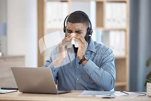 Image of Laptop, sneeze and black man with telemarketing, call center and sick with allergy, professional and customer service. African person, employee and consultant with a tissue, customer service and sick