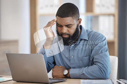 Image of Business man, headache and tired on laptop of stock market risk, financial mistake or thinking of bad investment. African trader with depression, stress or confused for trading decision in his office