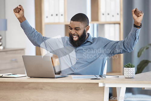 Image of Business man, winner and laptop in success, celebration and stock market goals, sales or financial profit. Professional african trader with fist, wow and yes for email news or trading on his computer