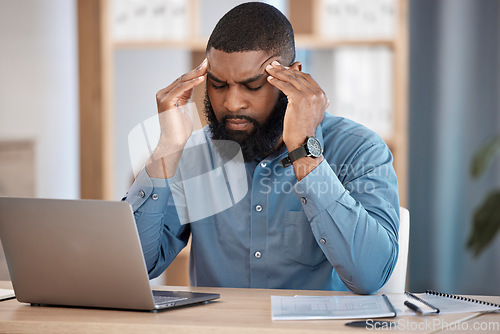 Image of Business man, headache and stress on laptop for stock market crash, financial mistake or bad investment. Tired african trader with depression, pain or confused for trading decision or office crisis