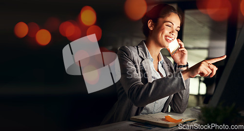 Image of Business woman, phone call and happy at night with bokeh lighting and computer work. Deadline, office smile and mobile networking with worker conversation and data for project and mockup space