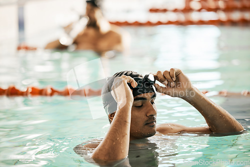 Image of Swimming pool, man and sport athlete for workout and training race in professional gym. Male person, fitness and exercise for water competition in a health and wellness club for pool and athlete