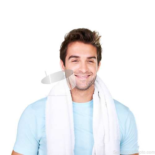 Image of Man, fitness and smile with towel in portrait for wellness, motivation and training for mindset. Male model, pride or happy on isolated or a transparent png background for exercise, nutrition or diet