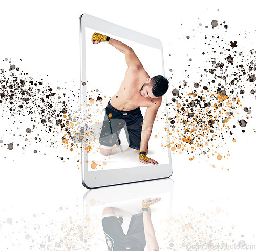 Image of Tablet, fitness and man in martial arts on screen in studio isolated on a white background for virtual training. Sports, exercise or workout of male athlete, boxer or fight in self defense or boxing