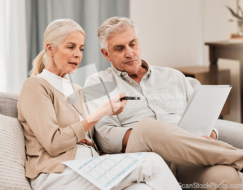 Image of Old people with life insurance application, retirement and reading paperwork, partner with investment or asset management. Couple in marriage, financial planning together and policy documents at home