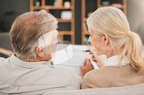 Image of Old couple with life insurance application, retirement fund and paperwork, partner with property investment or asset management. People in marriage, financial planning together and policy documents