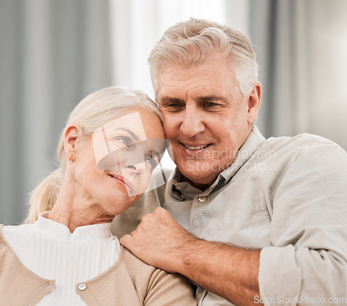 Image of Old couple, hug and relax on sofa with love and support, bonding while at home with trust and comfort. People with time together, marriage or life partner with retirement, calm and peace of mind