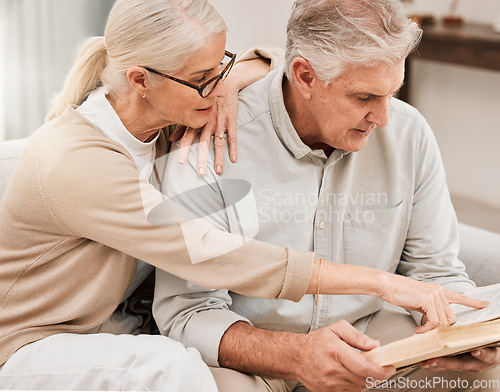 Image of Old couple, Bible study and Christian faith with worship and reading book, wellness and spiritual together in retirement. Bonding over religion, people at home with gospel and scripture, God and pray