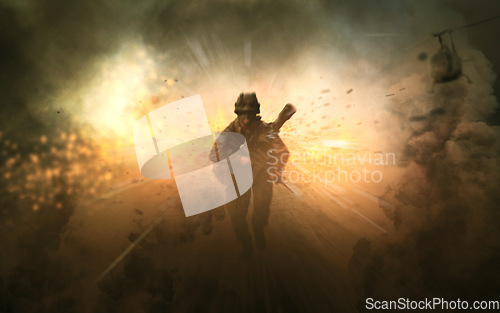 Image of Man, soldier and run in explosion with battle, smoke or fire in overlay for copy space. Person, veteran and walking in war with enemy in freedom, defence or security for country with armed forces