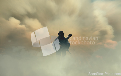 Image of Man, soldier or army with silhouette in smoke, dust and alone in overlay with weapon, rifle or gun in mockup. Male, person and walk for battle, war or mission in intelligence, security or training