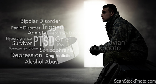 Image of Soldier, words and overlay with anxiety, PTSD and psychology text of a veteran and man. Military, letter collage and problems from war, battlefield and fight trauma with thinking and grief of hero