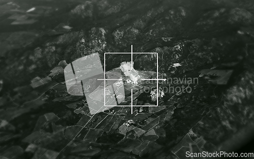 Image of Satellite, bomb and aerial target of missile on map for war, international conflict and military. Army, warzone and bullseye of atomic, nuclear and rocket strike in country for warfare explosion