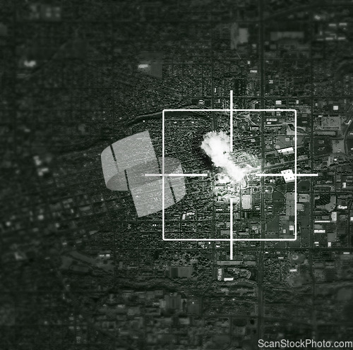 Image of Satellite, bomb and target of missile on map for war, international conflict and military. Army, warzone and bullseye of atomic, nuclear and rocket launch in country for warfare, explosion or strike