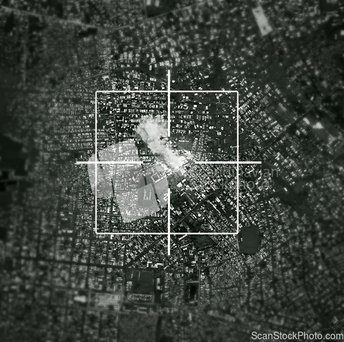 Image of Satellite, bomb and target of missile in city for war, international conflict and military. Army, warzone and bullseye of atomic, nuclear and rocket launch in country for warfare, explosion or strike