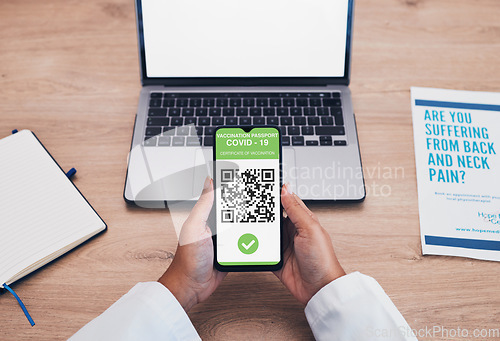 Image of Doctor, qr code and hands with phone for with covid results and information with networking. Blank screen, mockup space and mobile healthcare with virus data for clinic report and digital review