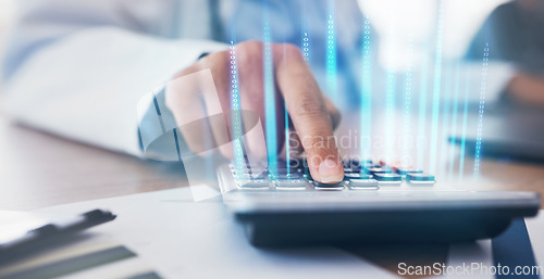 Image of Accounting hands, calculator or typing person calculating bookkeeping finance, financial budget or savings. Virtual numbers, closeup or administration accountant working on taxes, audit or compliance