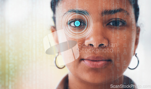 Image of Cybersecurity, woman portrait and eye scan for facial recognition and biometric check. Identity scanner, retina monitoring and security system for protection and verification of face with overlay